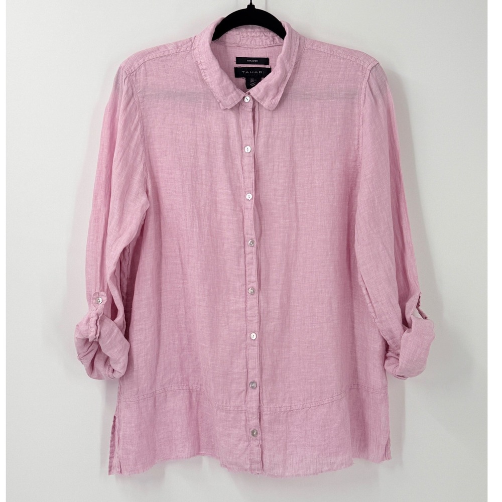 Tahari Pink 100% Linen Roll Tab Sleeve‎ raw hem Button Down Shirt Womens sz L
